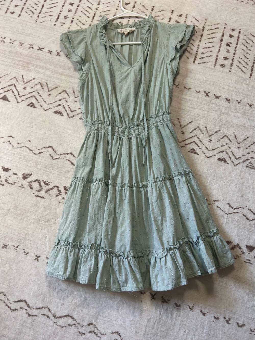 Sweet Wanderer Sage Green Swiss Dot Tiered Mini Dress L Boho Cottagecore Coastal View 2